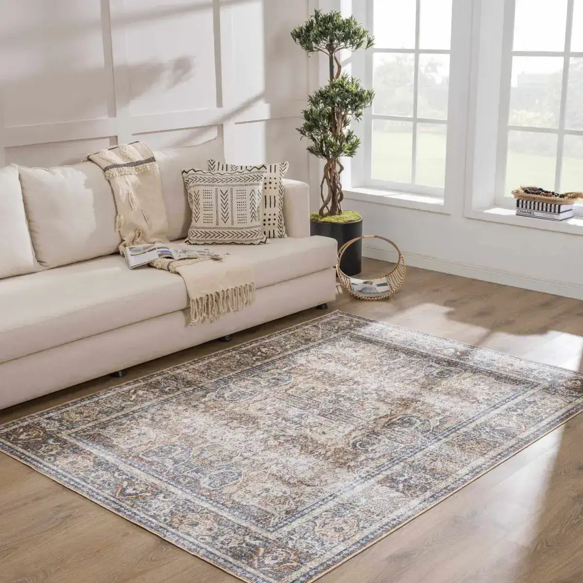 Arias Beige Blue Washable Area Rug - Boutique Rugs