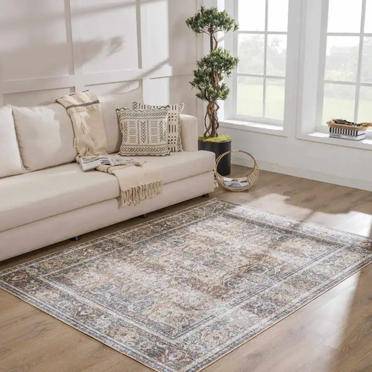 Arias Beige Blue Washable Area Rug - Boutique Rugs