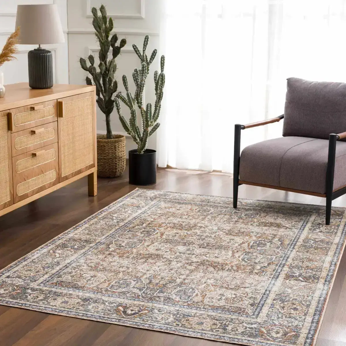 Arias Beige Blue Washable Area Rug - Boutique Rugs