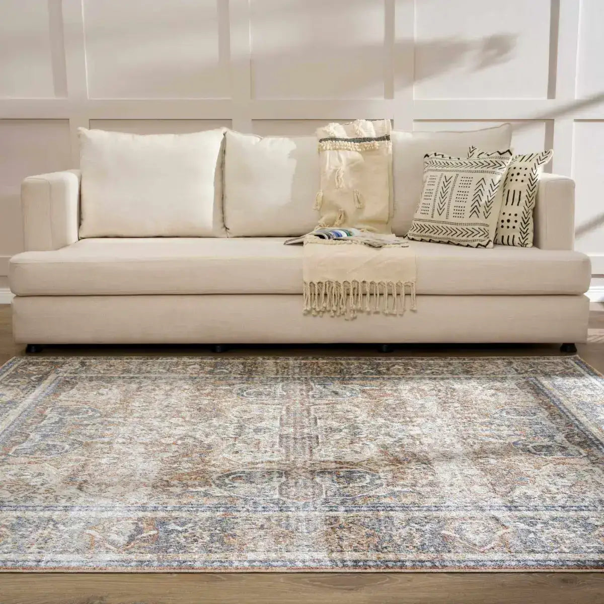 Arias Beige Blue Washable Area Rug - Boutique Rugs