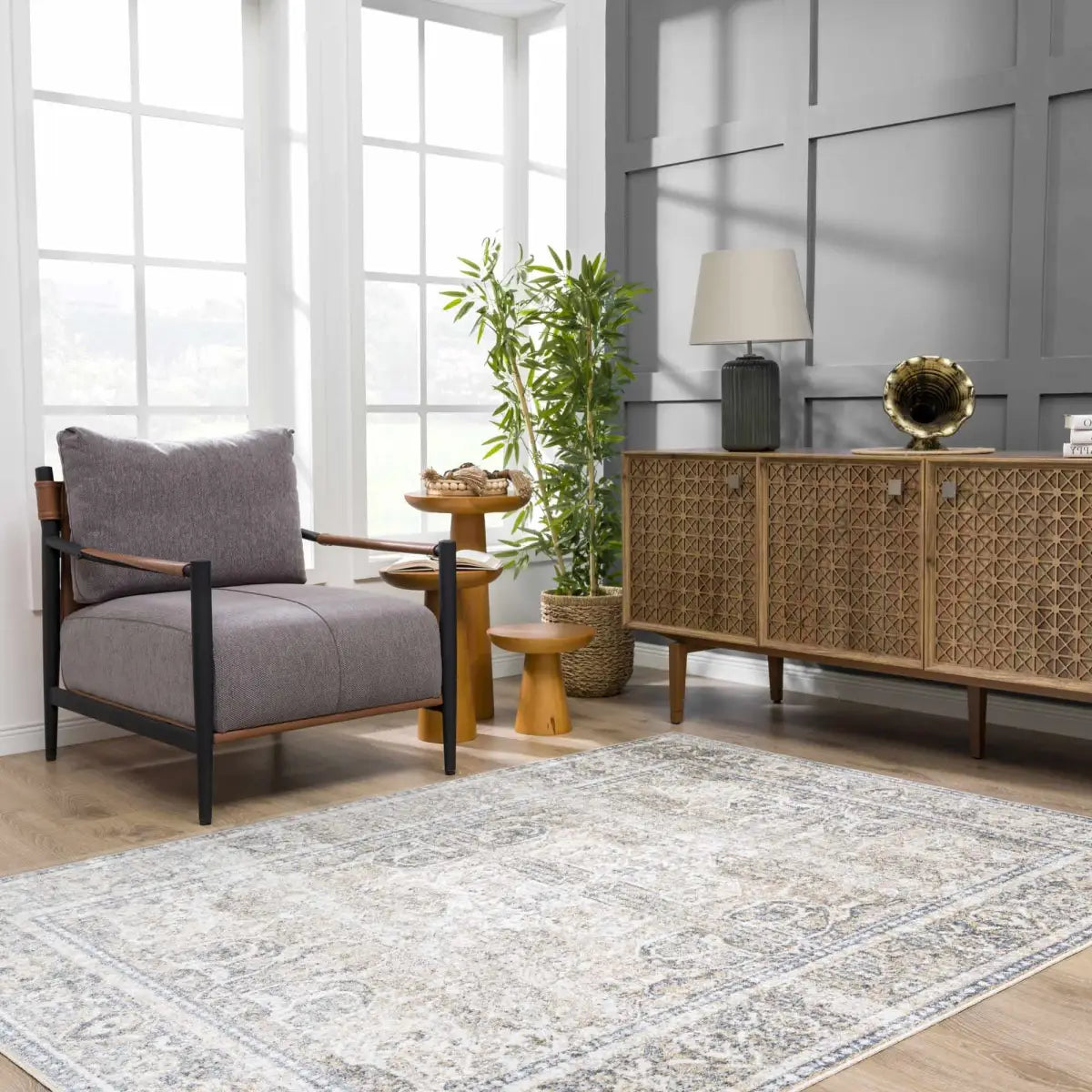 Arias Cream & Blue Washable Area Rug - Boutique Rugs