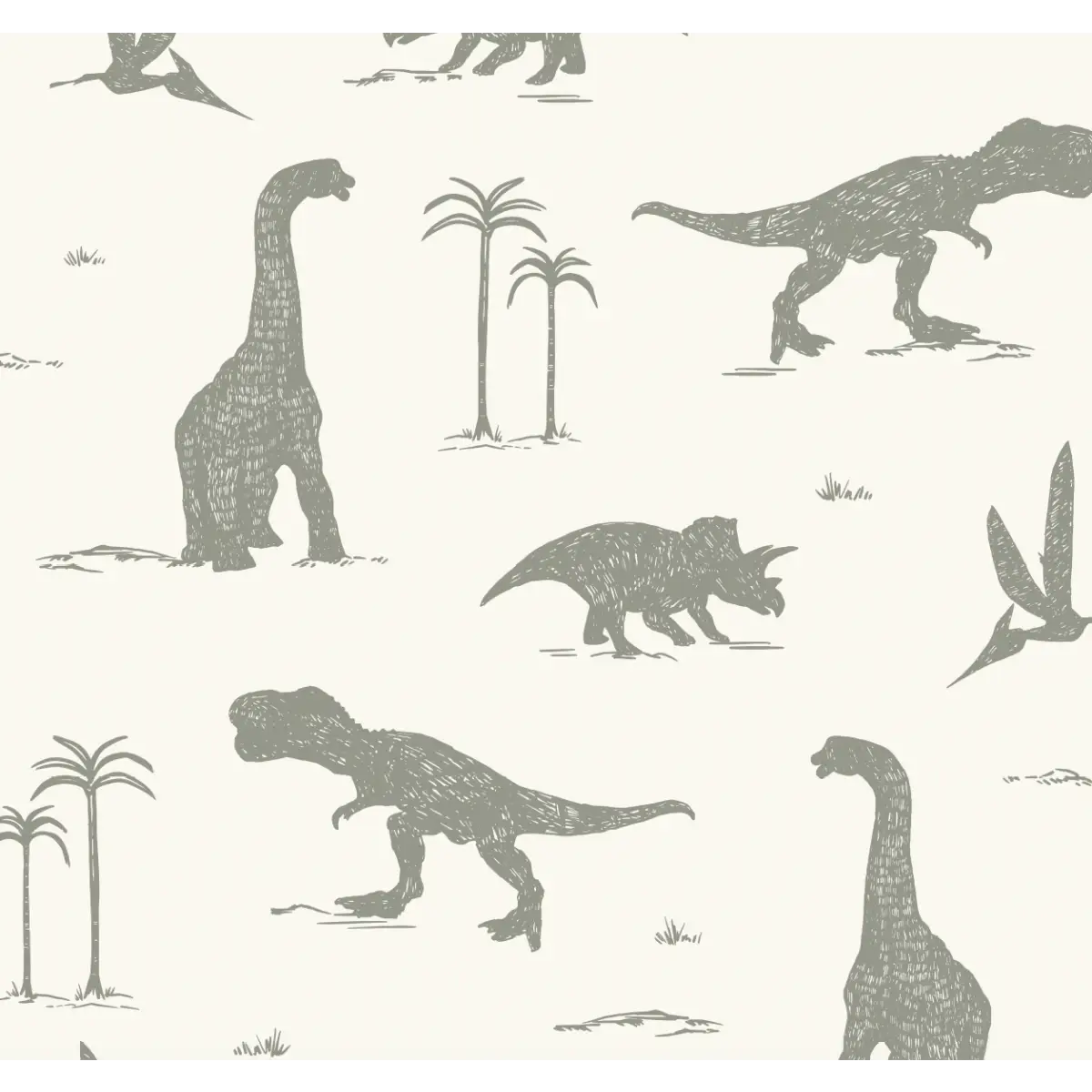 Arlo Wallpaper - Sketched Dinosaurs - by Hufton Studio - Sample 1 foot by 1 foot / Evergreen Fog - Loomwell Home Goods