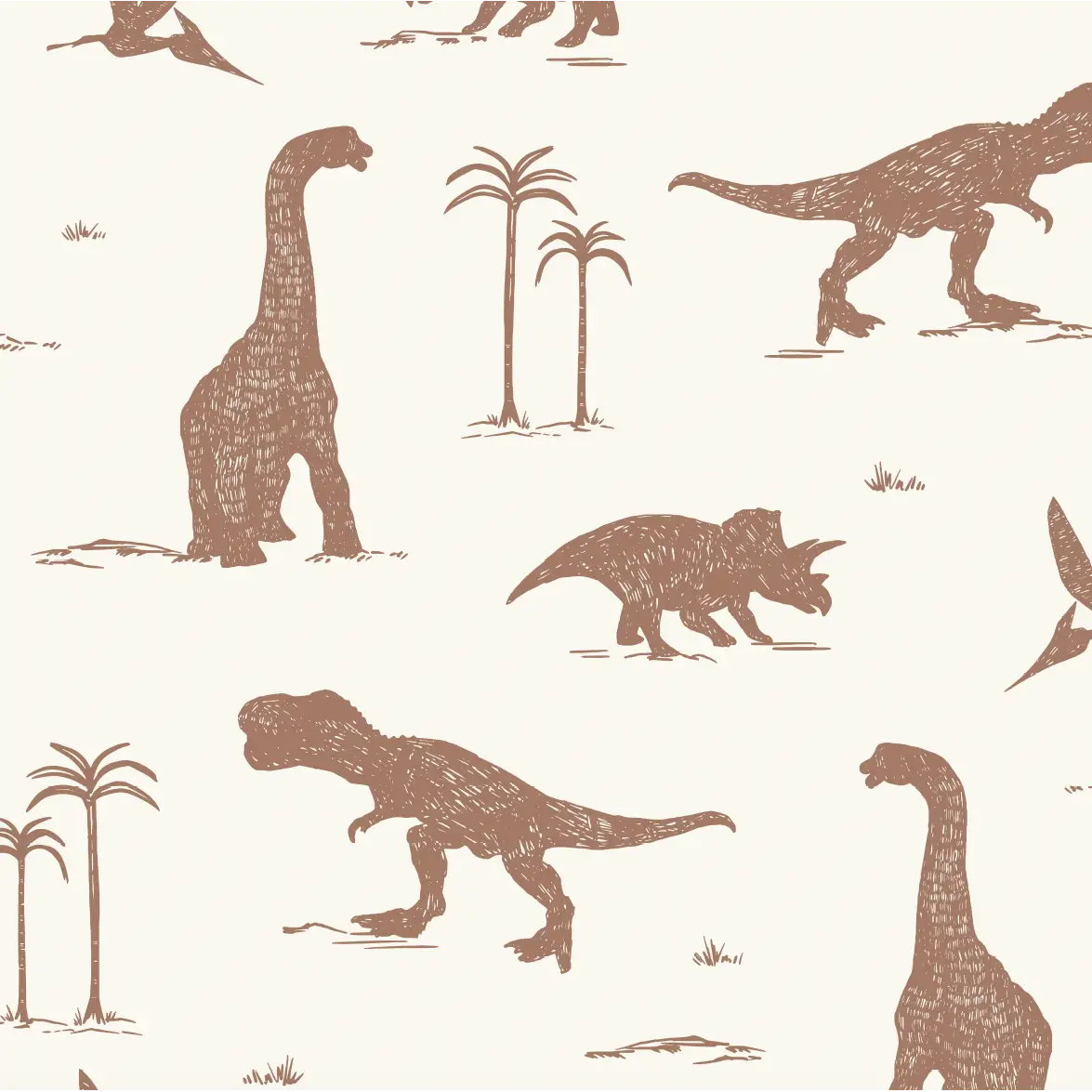 Arlo Wallpaper - Sketched Dinosaurs - by Hufton Studio - Sample 1 foot by 1 foot / Mocha - Loomwell Home Goods