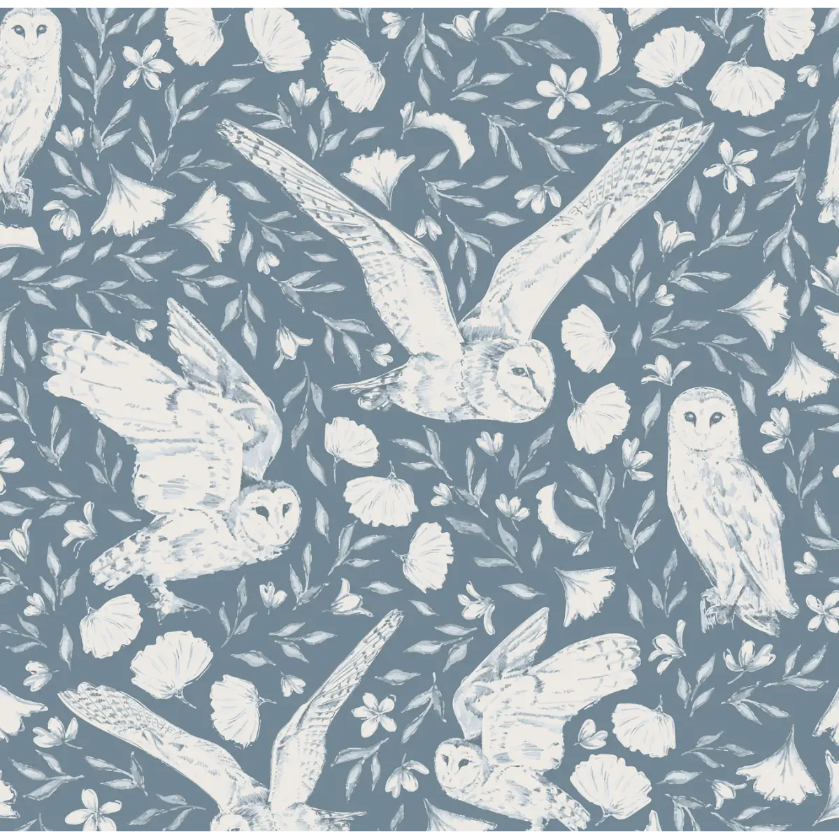 Artemis Owls Wallpaper - Owls in Flight - by Melissa Johnson Design - Sample 1 foot by 1 foot / Blue - Loomwell Home