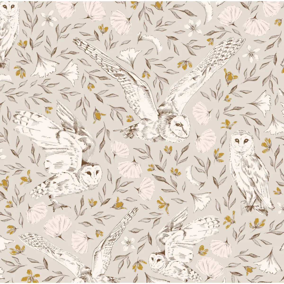 Artemis Owls Wallpaper - Owls in Flight - by Melissa Johnson Design - Sample 1 foot by 1 foot / Dark Neutral - Loomwell
