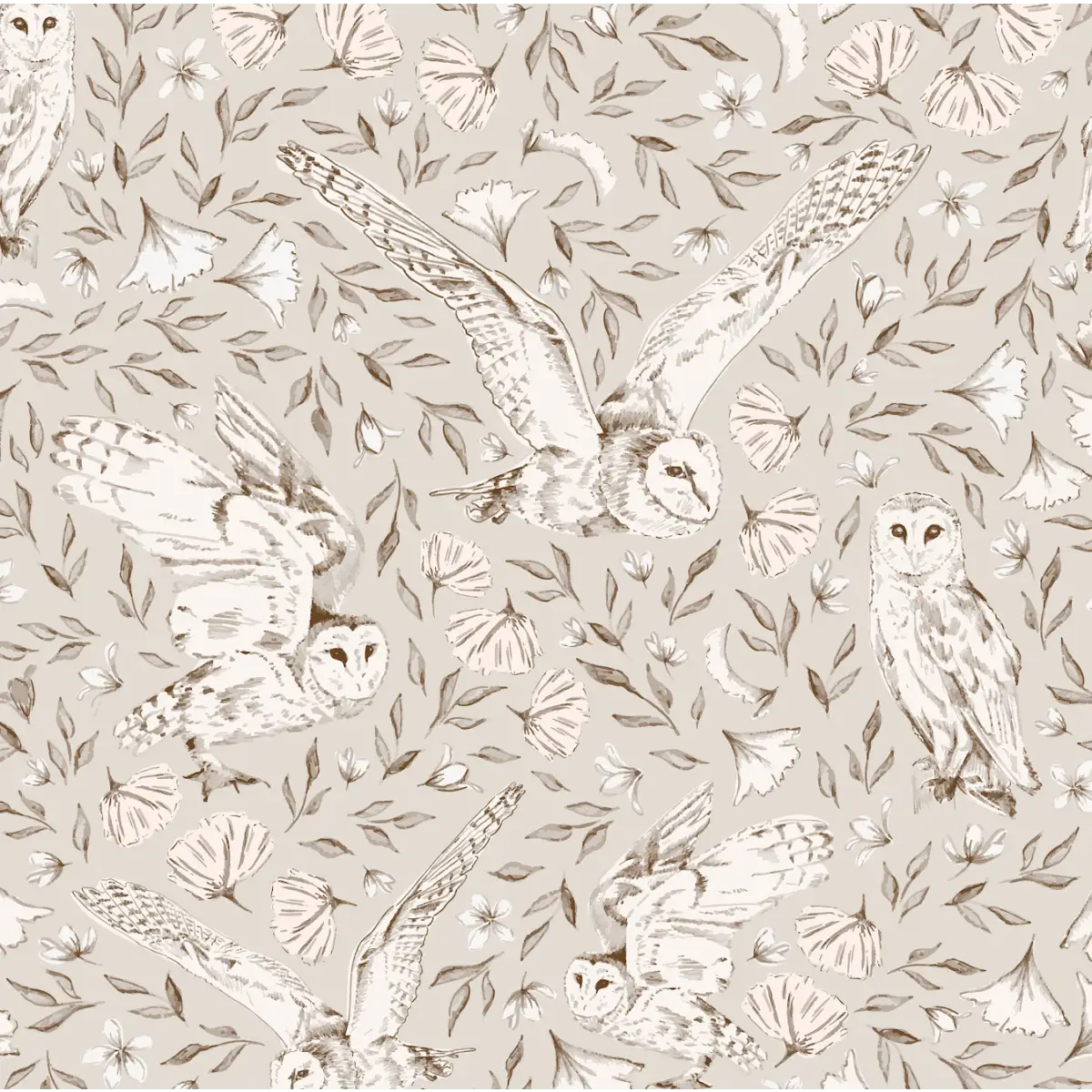 Artemis Owls Wallpaper - Owls in Flight - by Melissa Johnson Design - Sample 1 foot by 1 foot / Light Neutral