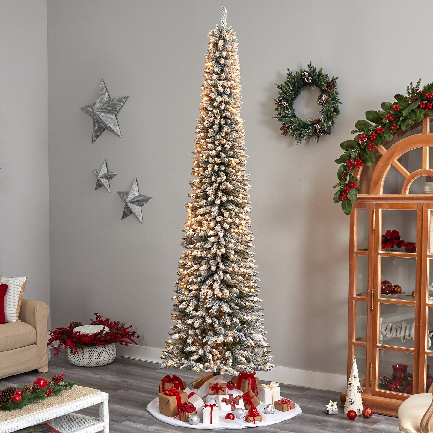 Árbol de Navidad artificial de 10 pies con forma de lápiz flocado, 700 luces transparentes y 1145 ramas flexibles