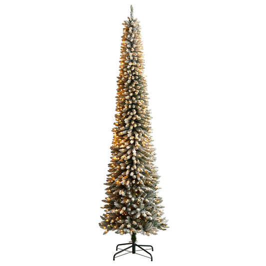 Árbol de Navidad artificial de 10 pies con forma de lápiz flocado, 700 luces transparentes y 1145 ramas flexibles