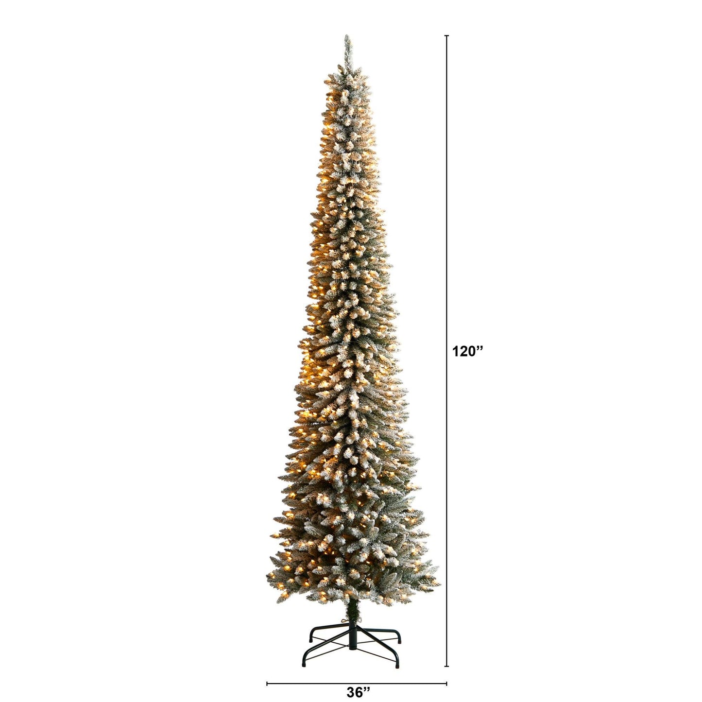 Árbol de Navidad artificial de 10 pies con forma de lápiz flocado, 700 luces transparentes y 1145 ramas flexibles