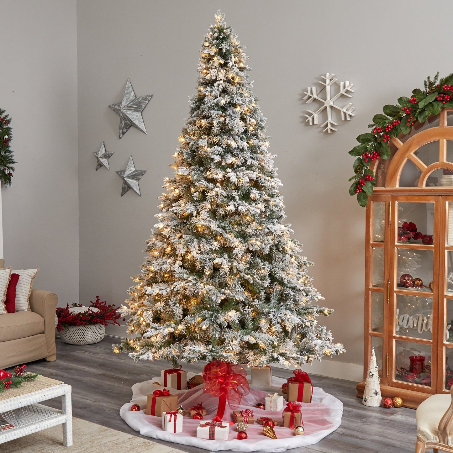 Sapin de Noël mixte floqué du Vermont de 10 pi avec 800 lumières LED et 2200 branches pliables