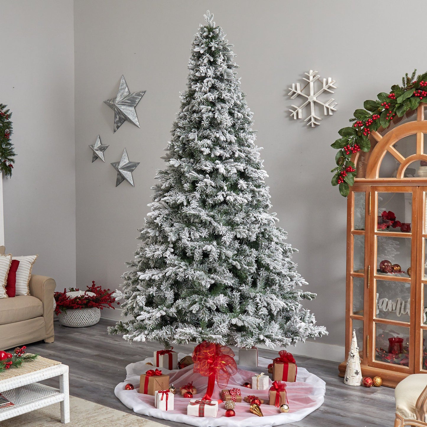 Sapin de Noël mixte floqué du Vermont de 10 pi avec 800 lumières LED et 2200 branches pliables