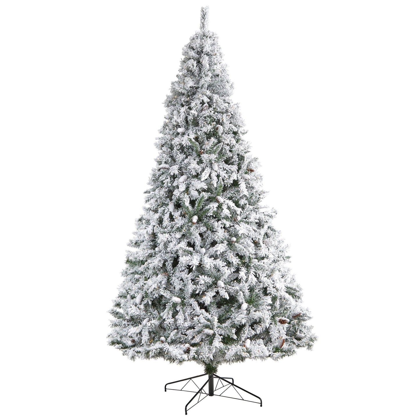 Sapin de Noël floqué de 10 pieds de hauteur avec pommes de pin et 800 lumières LED transparentes