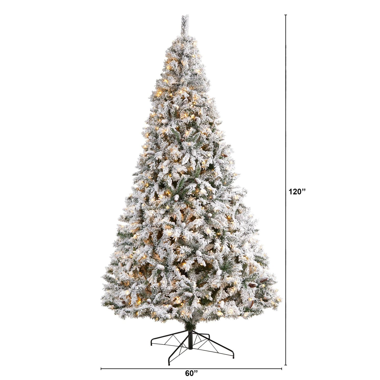 Sapin de Noël floqué de 10 pieds de hauteur avec pommes de pin et 800 lumières LED transparentes