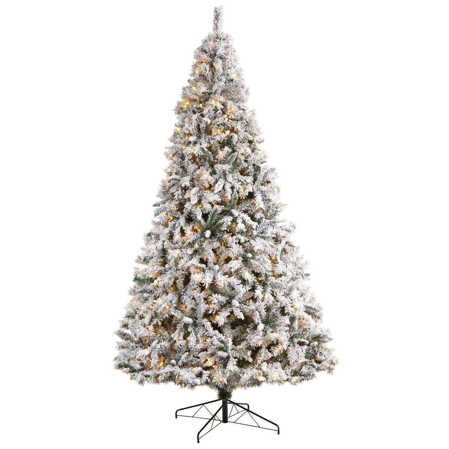 Sapin de Noël floqué de 10 pieds de hauteur avec pommes de pin et 800 lumières LED transparentes