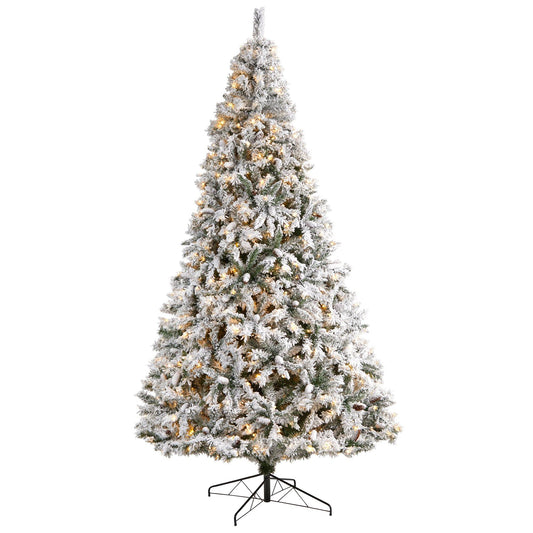 Sapin de Noël floqué de 10 pieds de hauteur avec pommes de pin et 800 lumières LED transparentes