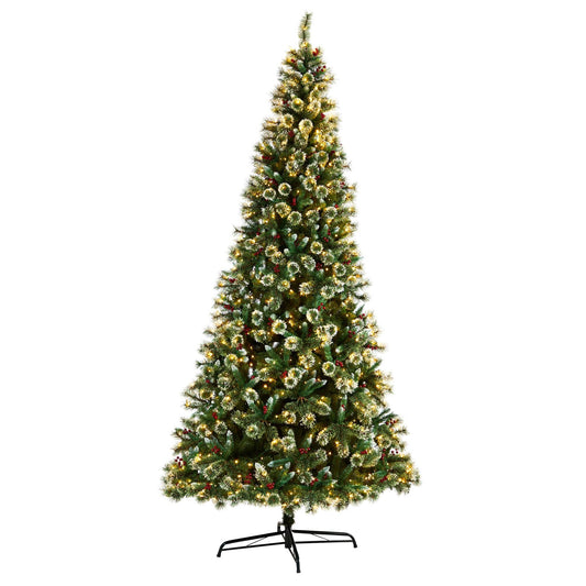 Árbol de Navidad artificial de pino suizo esmerilado de 10 pies con 850 luces LED transparentes y bayas