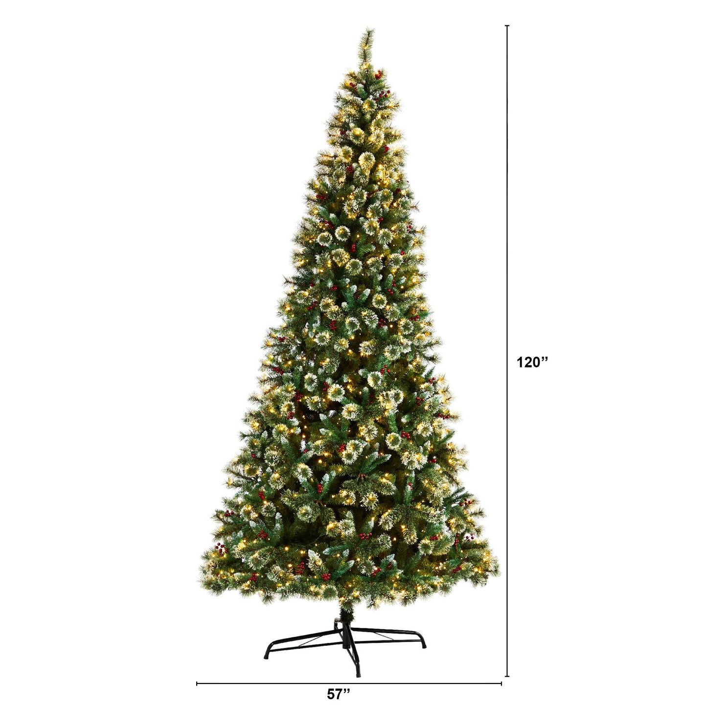 Árbol de Navidad artificial de pino suizo esmerilado de 10 pies con 850 luces LED transparentes y bayas