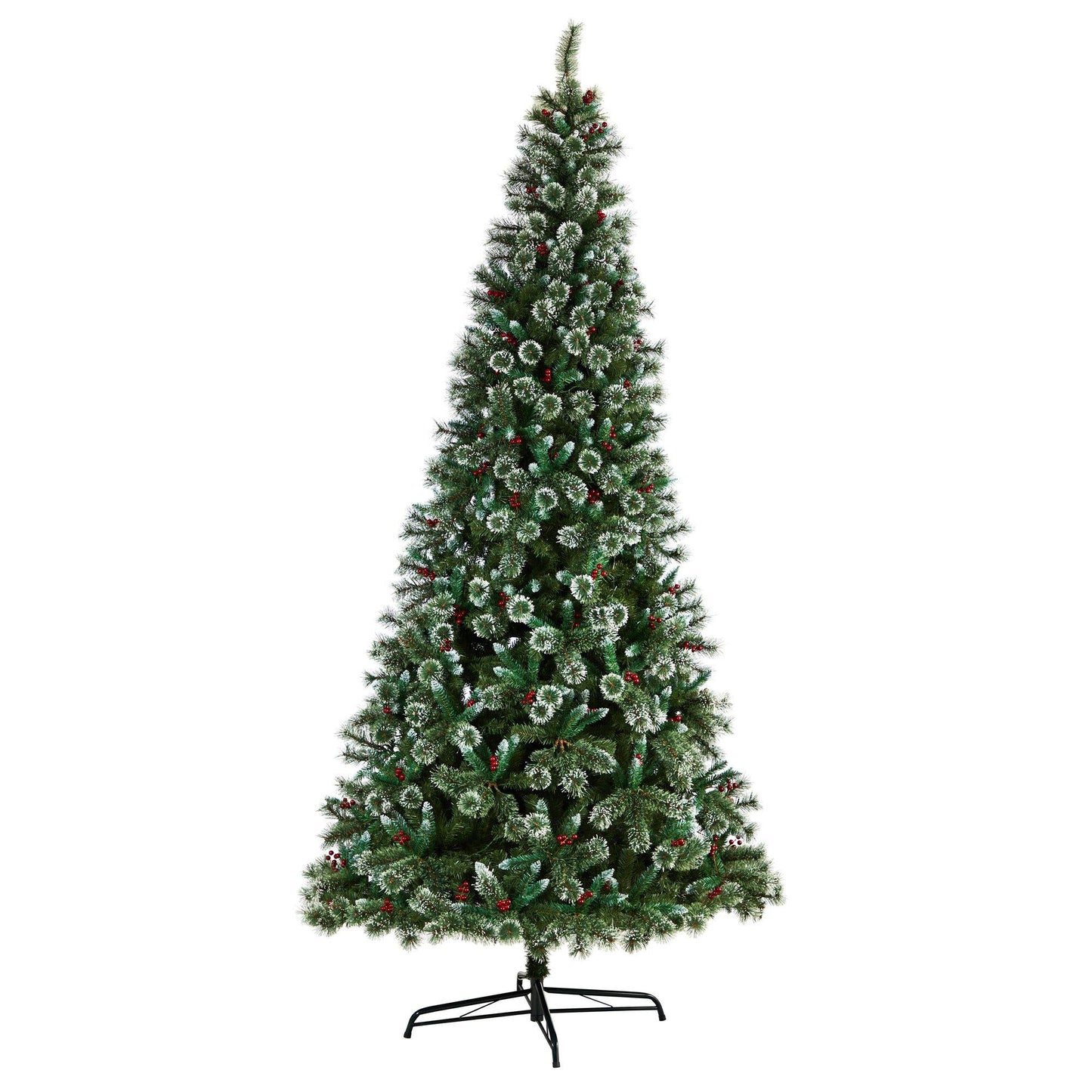 Árbol de Navidad artificial de pino suizo esmerilado de 10 pies con 850 luces LED transparentes y bayas