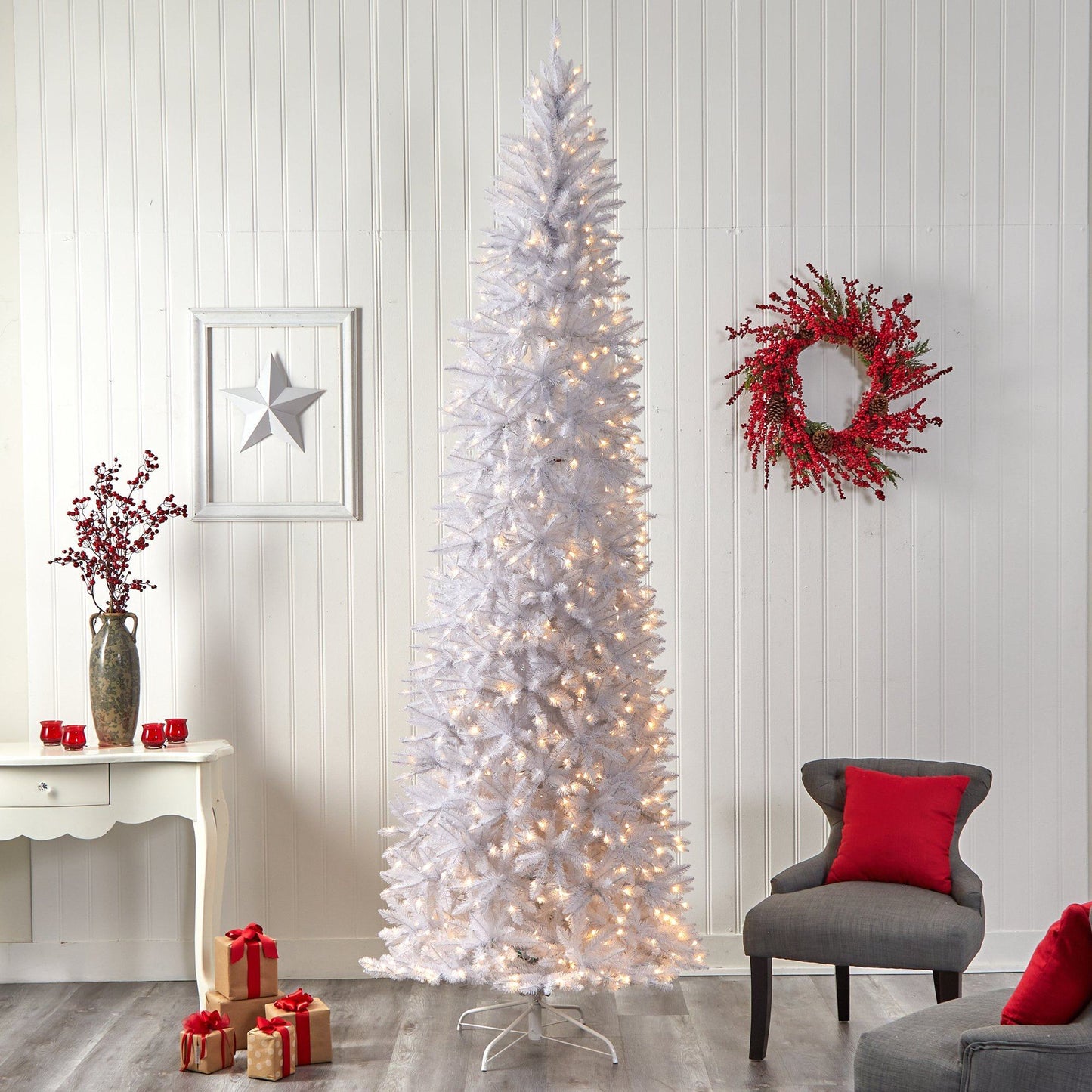 Árbol de Navidad artificial blanco delgado de 10 pies con 800 luces LED blancas cálidas y 2420 ramas flexibles