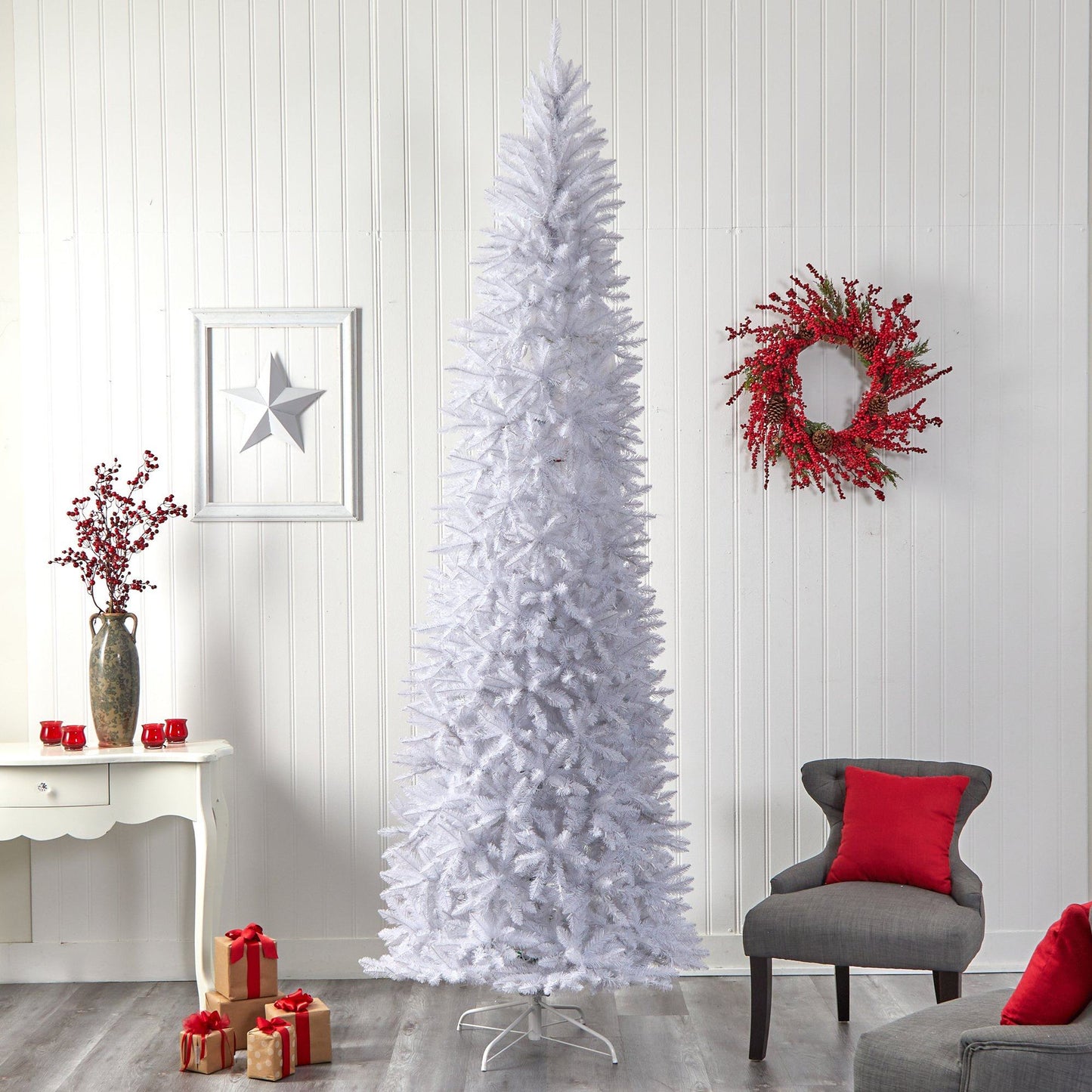 Árbol de Navidad artificial blanco delgado de 10 pies con 800 luces LED blancas cálidas y 2420 ramas flexibles