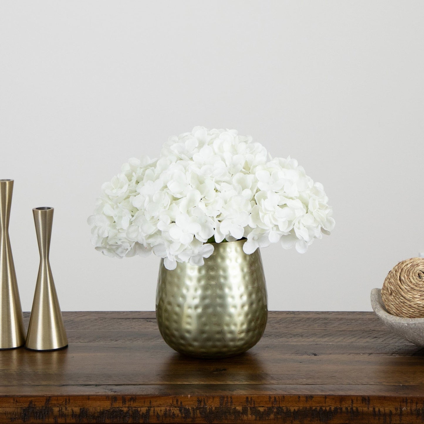 11” Artificial Hydrangea Arrangement in Gold Metal Vase