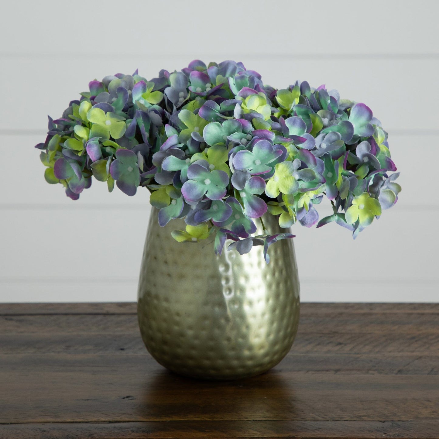 11” Artificial Hydrangea Arrangement in Gold Metal Vase