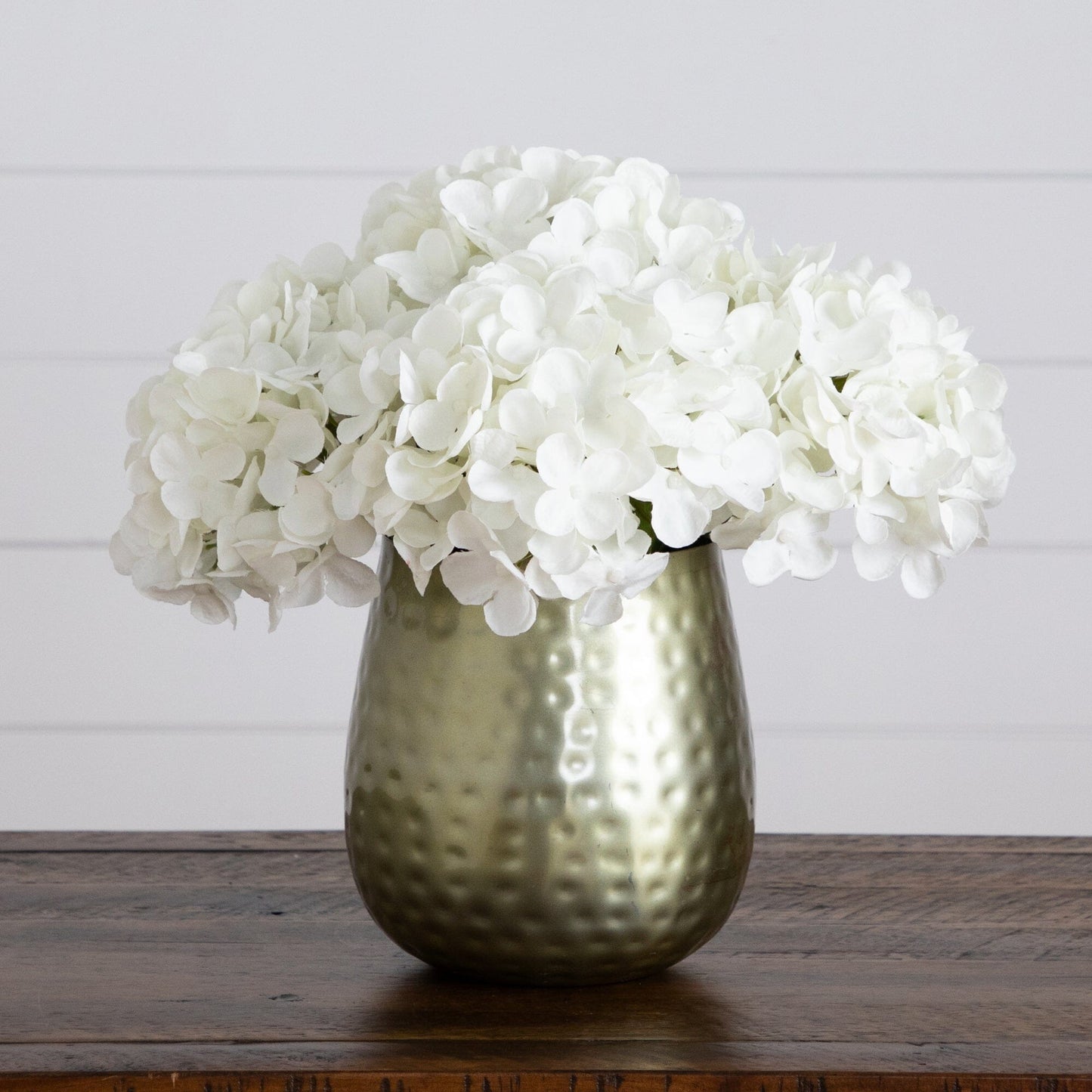 11” Artificial Hydrangea Arrangement in Gold Metal Vase - White - Nearly Natural