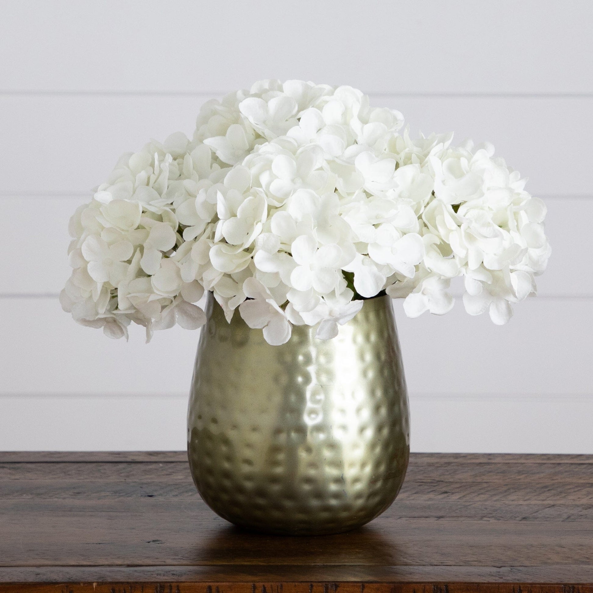 11” Artificial Hydrangea Arrangement in Gold Metal Vase - White - Nearly Natural