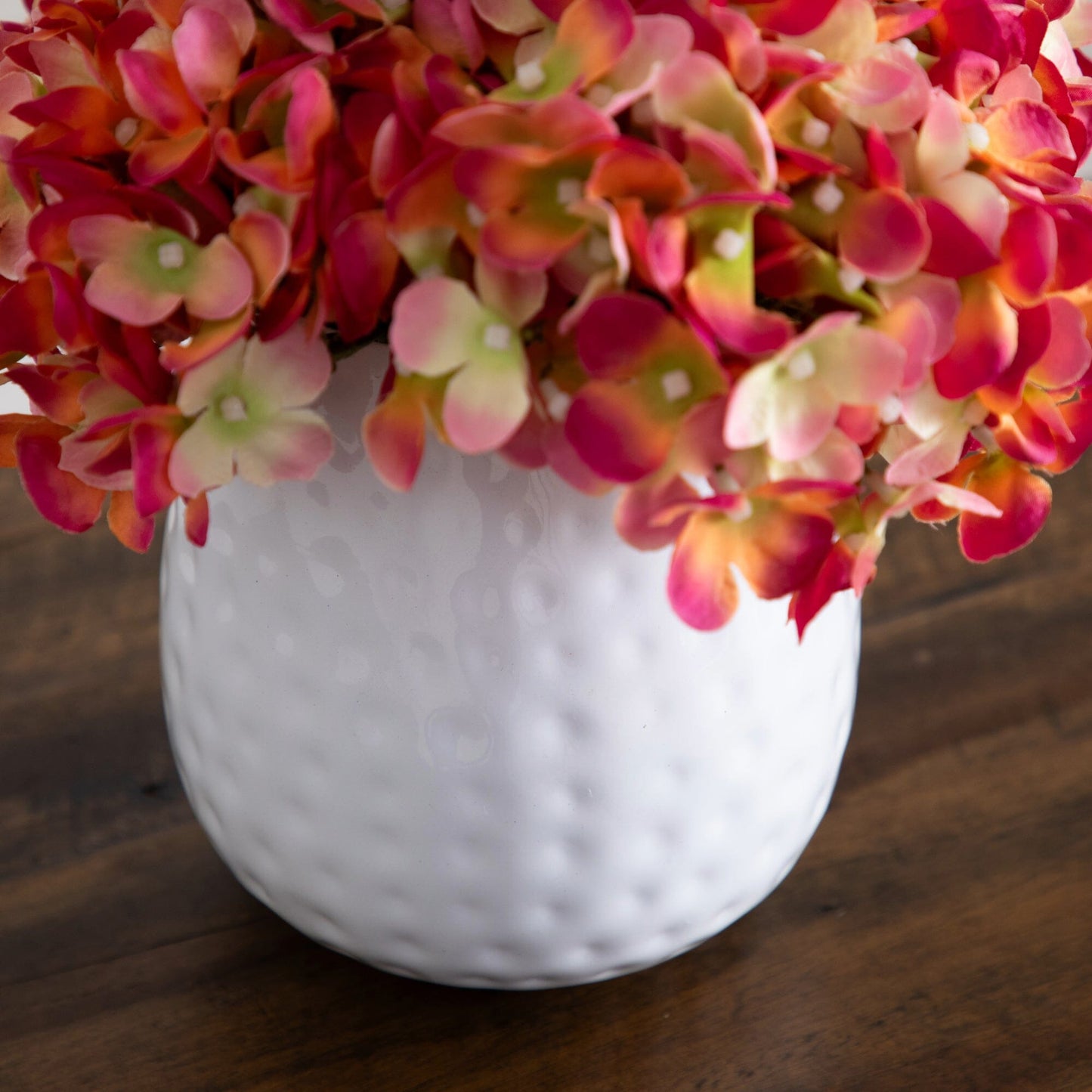 11” Artificial Hydrangea Arrangement in White Metal Vase