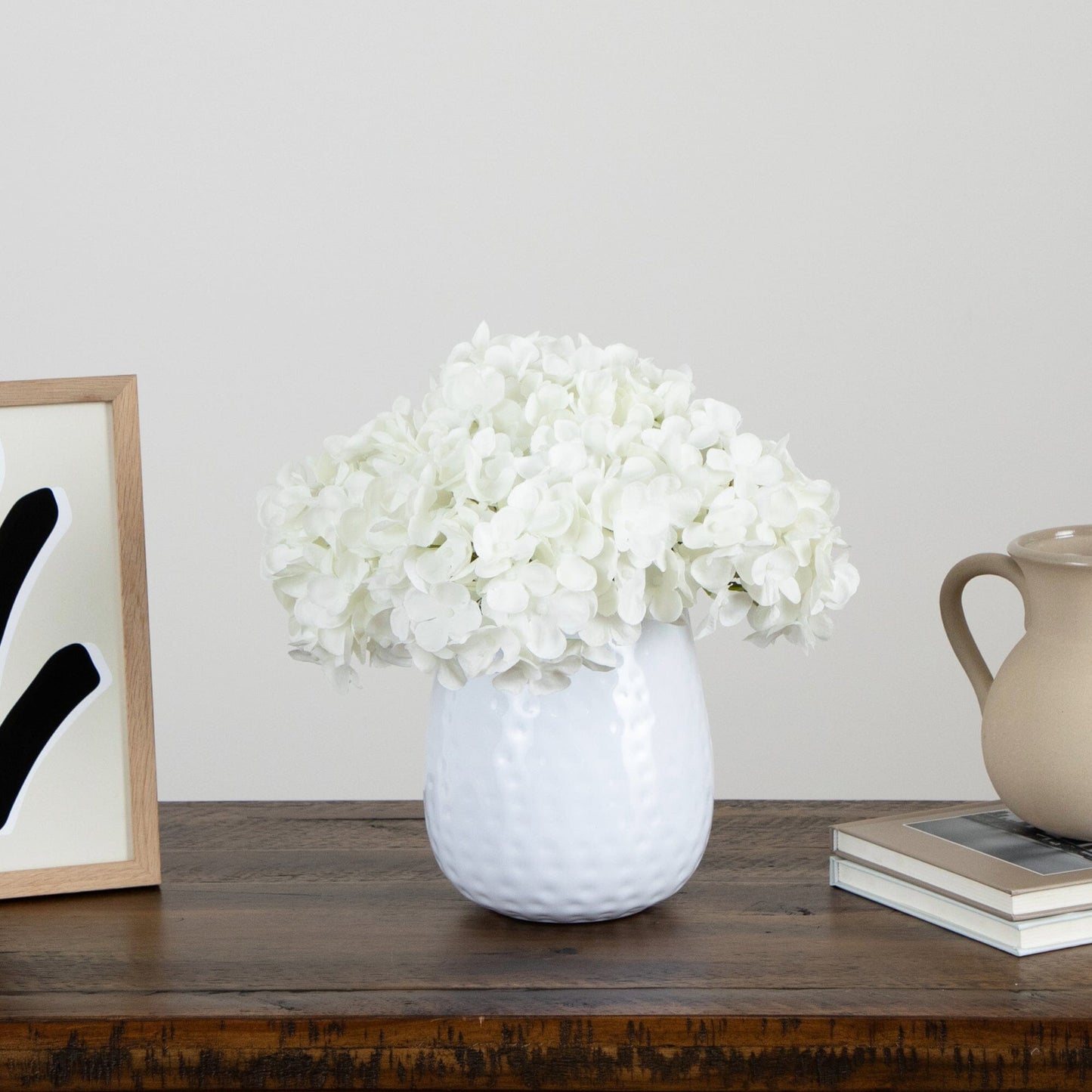 11” Artificial Hydrangea Arrangement in White Metal Vase