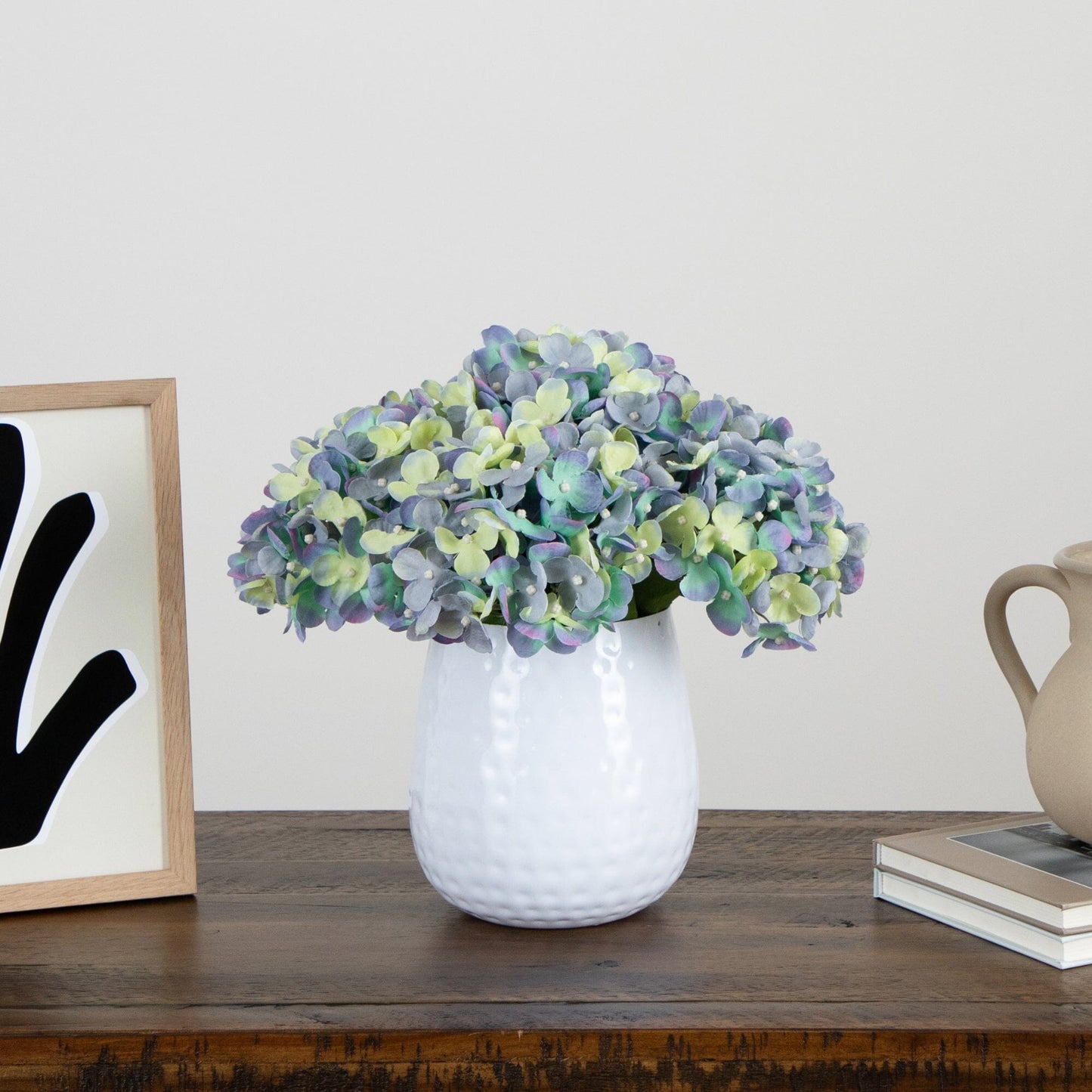 11” Artificial Hydrangea Arrangement in White Metal Vase