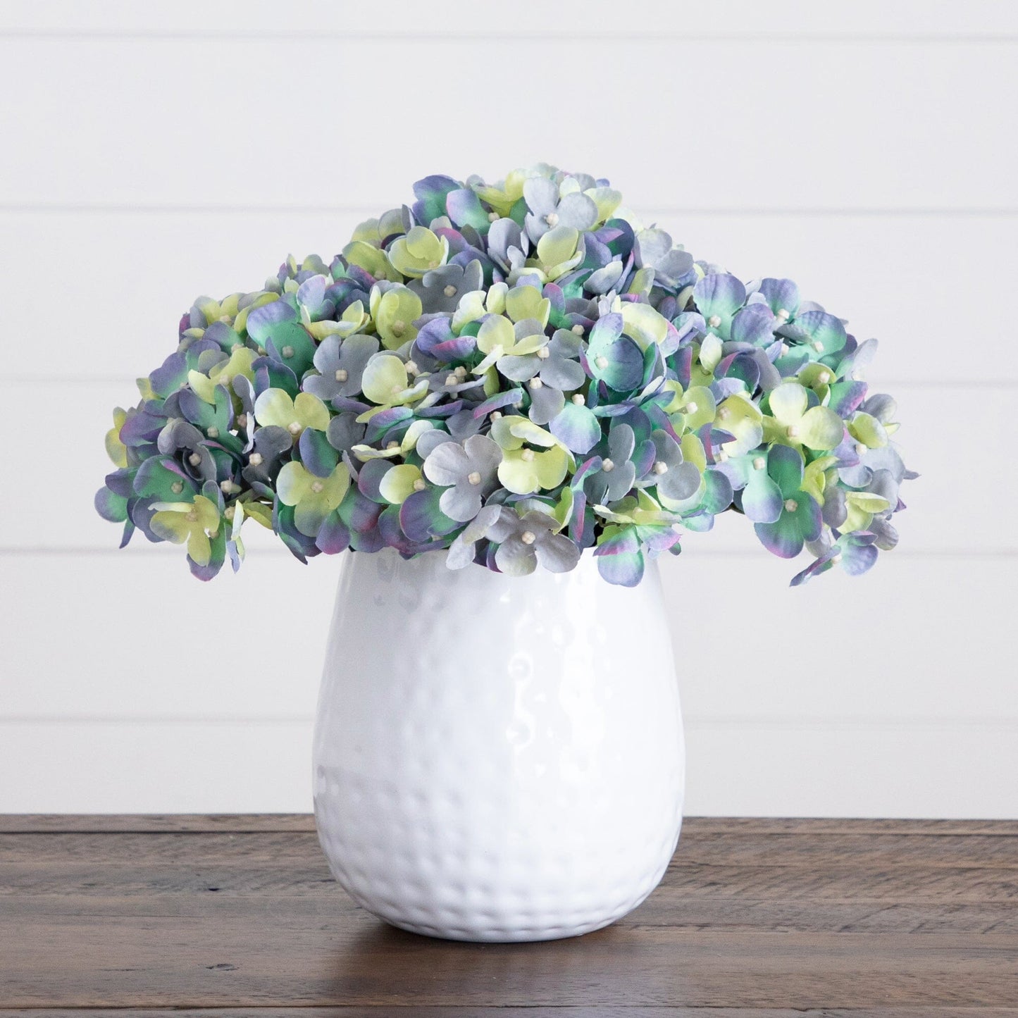 11” Artificial Hydrangea Arrangement in White Metal Vase - Blue - Nearly Natural