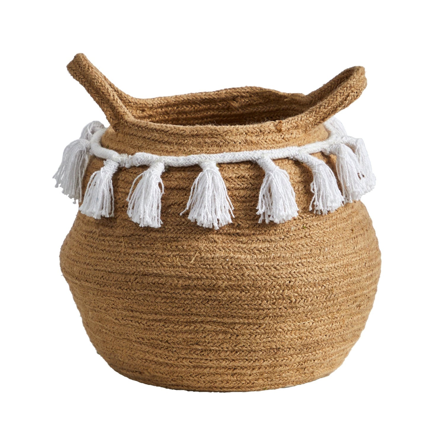 Jardinière tissée en coton naturel fait main de style bohème chic de 11 po avec pompons