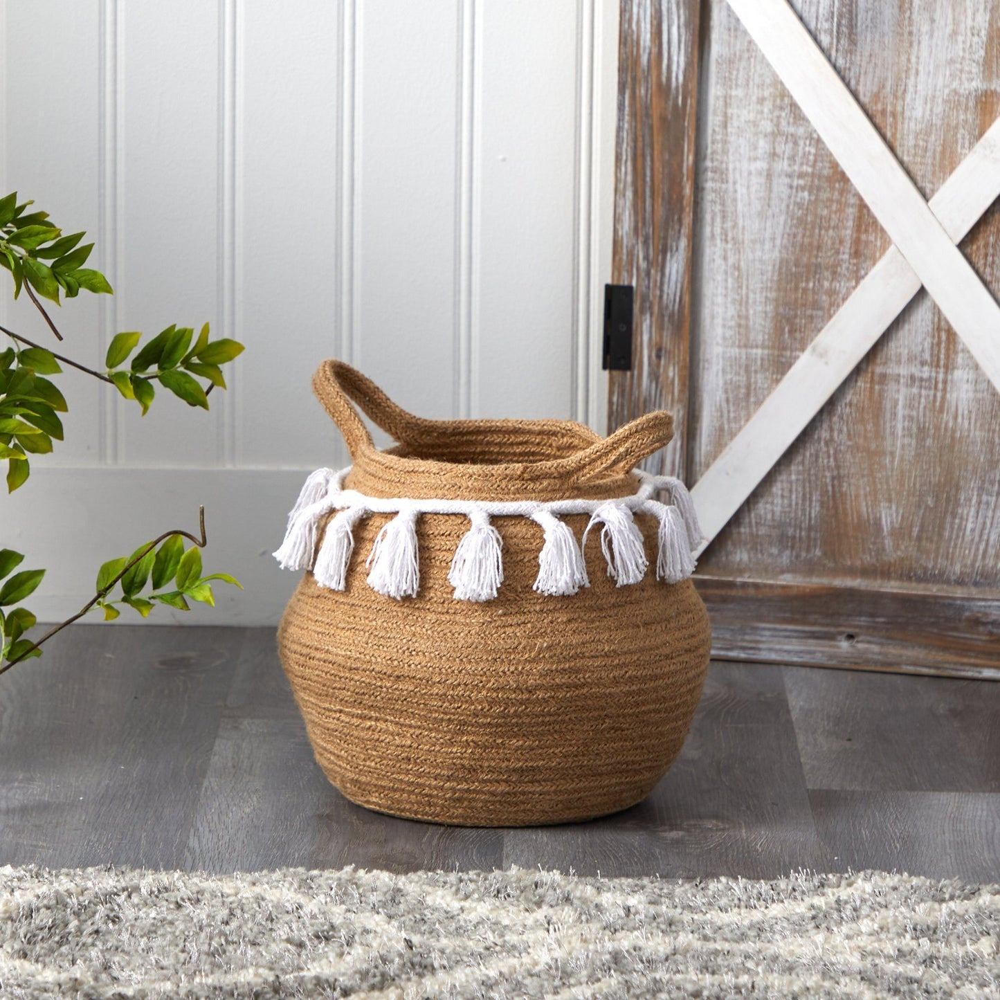 Jardinière tissée en coton naturel fait main de style bohème chic de 11 po avec pompons