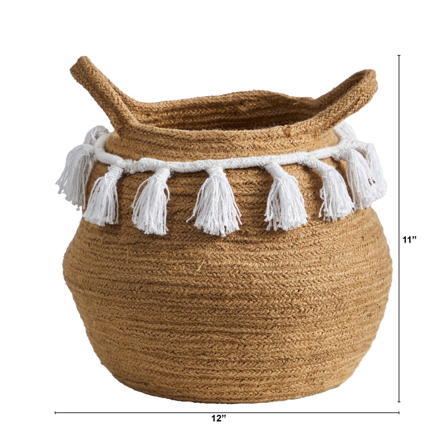 Jardinière tissée en coton naturel fait main de style bohème chic de 11 po avec pompons