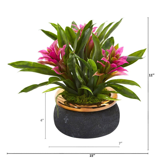 Planta artificial de bromelia de 11” en macetero de gres