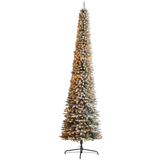 Árbol de Navidad artificial de 11 pies con forma de lápiz flocado, 850 luces transparentes y 1435 ramas flexibles