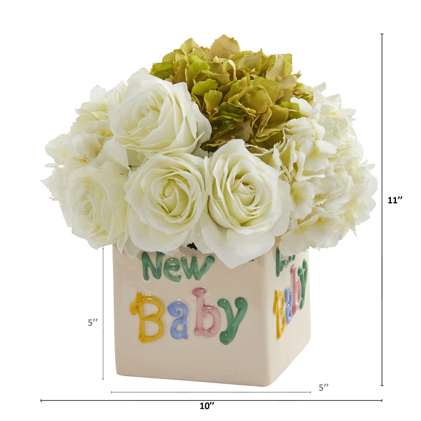 11” Rose and Hydrangea Artificial Arrangement in “New Baby” Vase