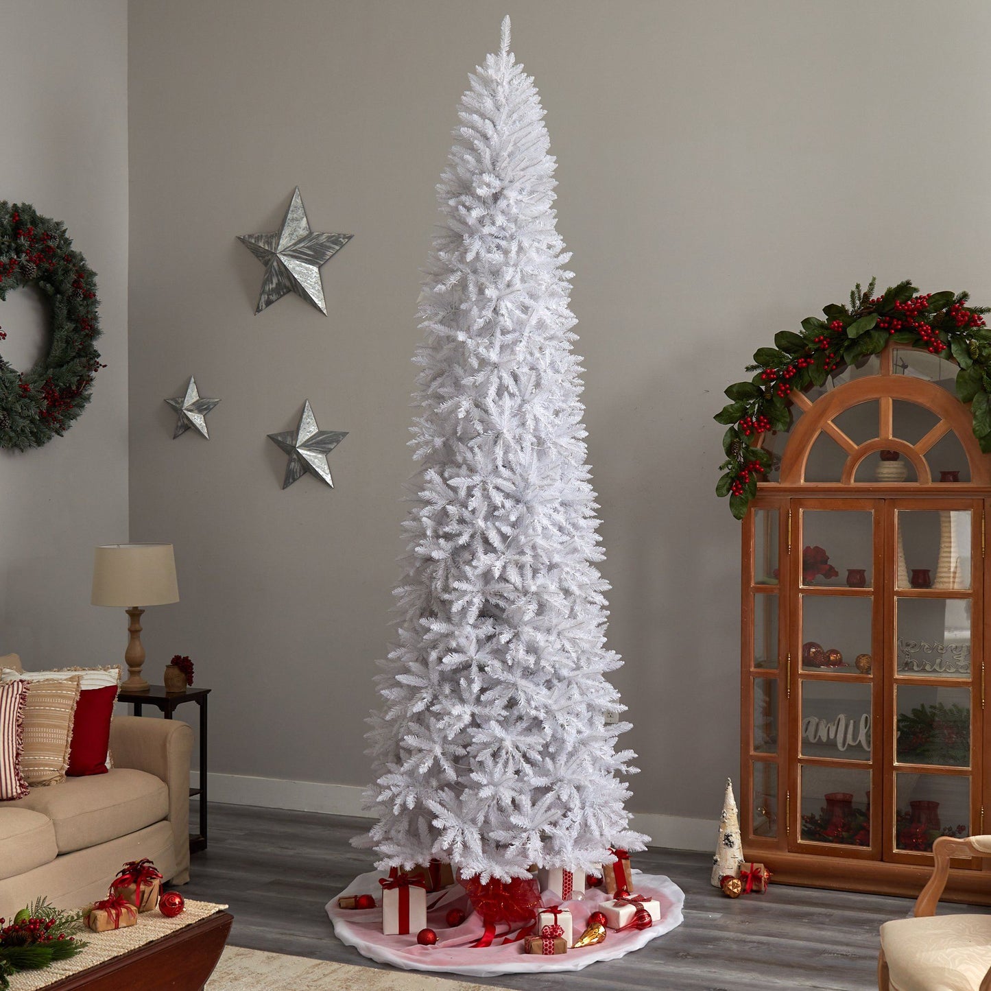 Sapin de Noël artificiel mince blanc de 11 pi avec 950 lumières LED blanc chaud et 2836 branches pliables