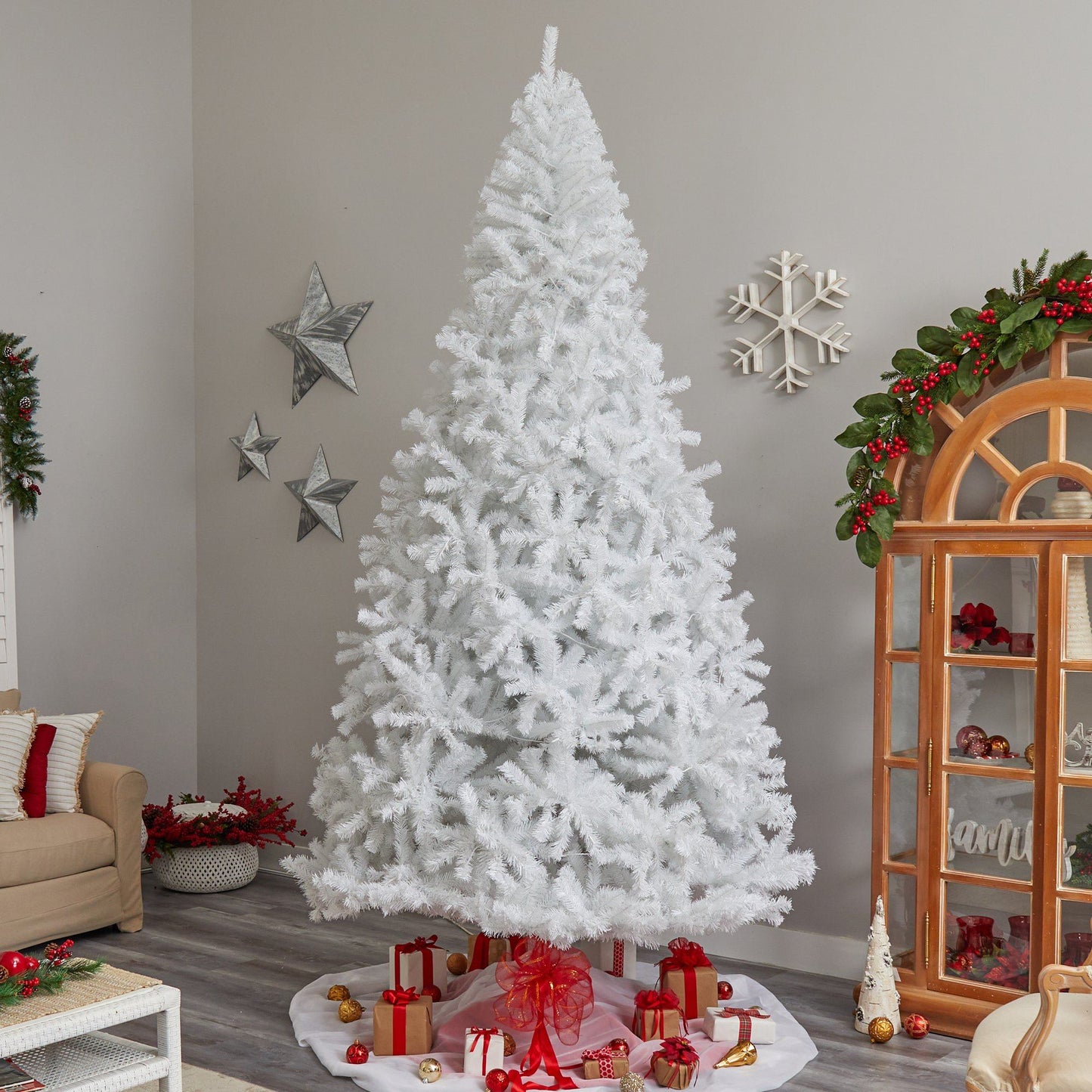 Árbol de Navidad artificial blanco de 11 pies con 2720 ramas flexibles y 1000 luces LED