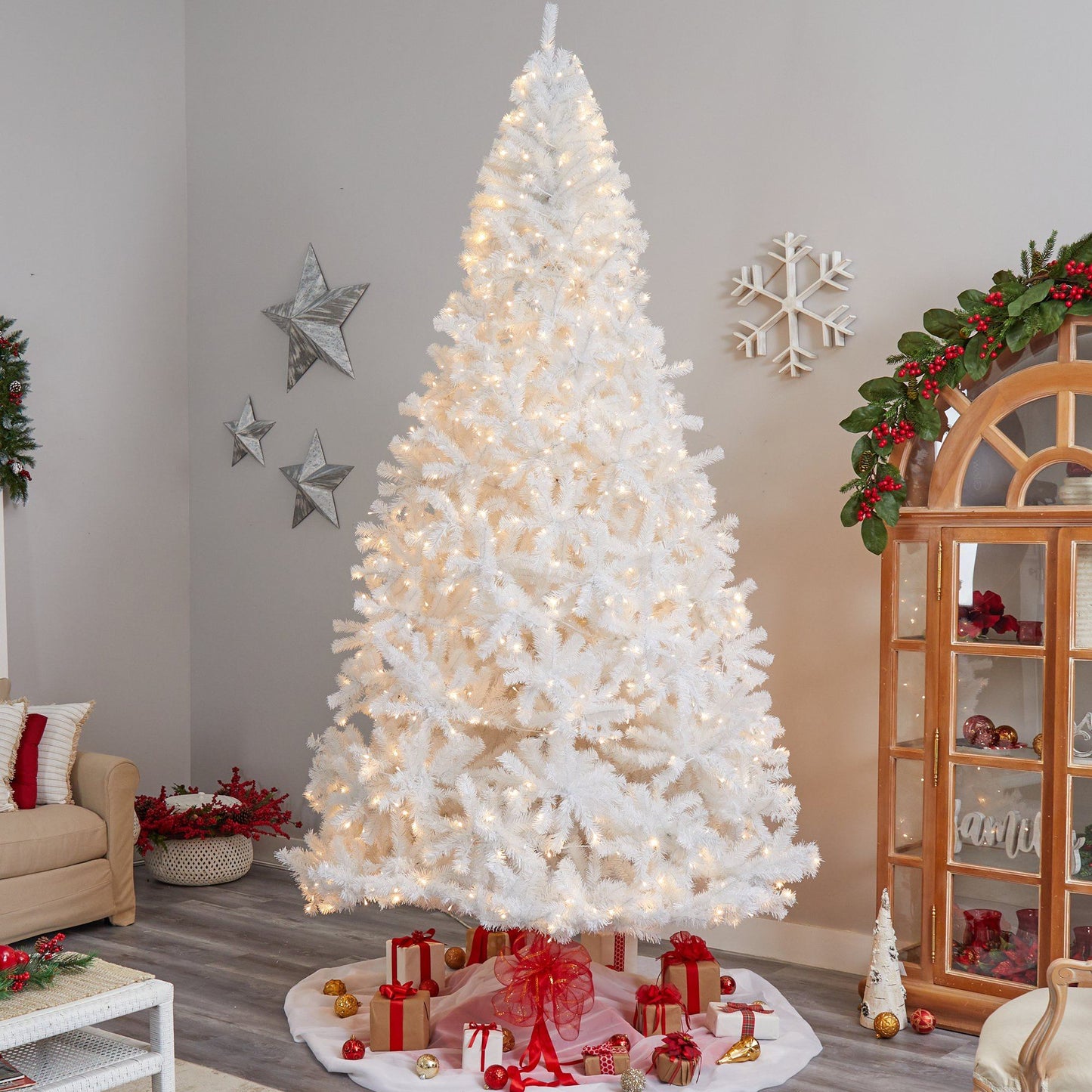 Árbol de Navidad artificial blanco de 11 pies con 2720 ramas flexibles y 1000 luces LED