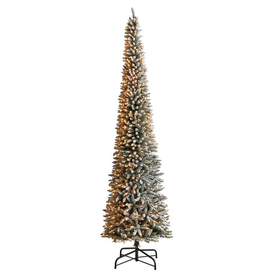 Árbol de Navidad artificial de 12 pies con forma de lápiz flocado, 1000 luces transparentes y 1819 ramas flexibles