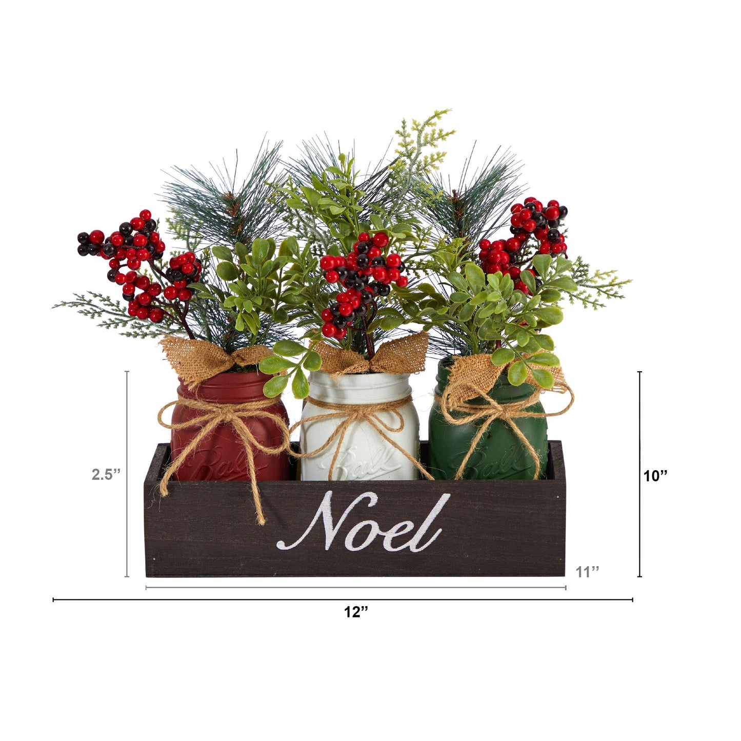 Arreglo navideño de mesa de 3 piezas con diseño de pino y bayas de invierno de 12" en frasco de vidrio "Noel"