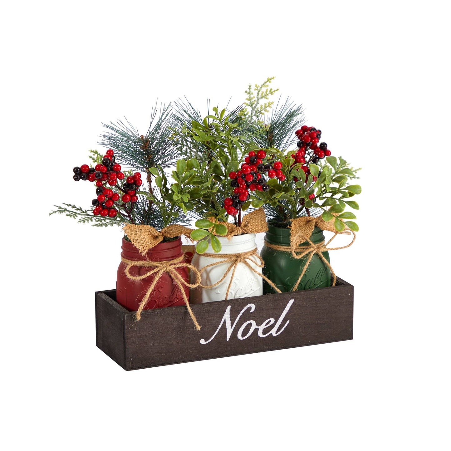 Arreglo navideño de mesa de 3 piezas con diseño de pino y bayas de invierno de 12" en frasco de vidrio "Noel"