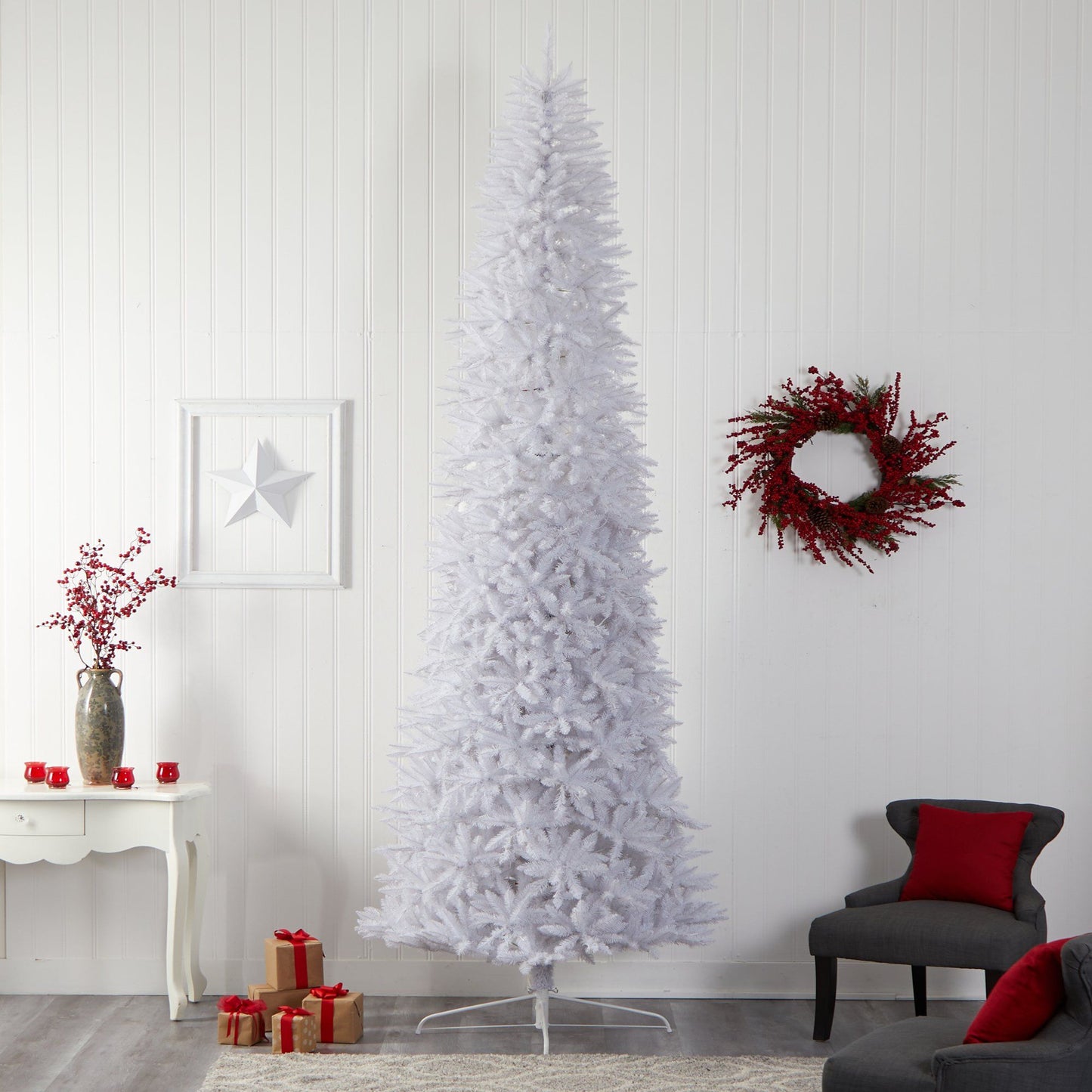 Árbol de Navidad artificial blanco delgado de 12 pies con 1100 luces LED blancas cálidas y 3235 ramas flexibles