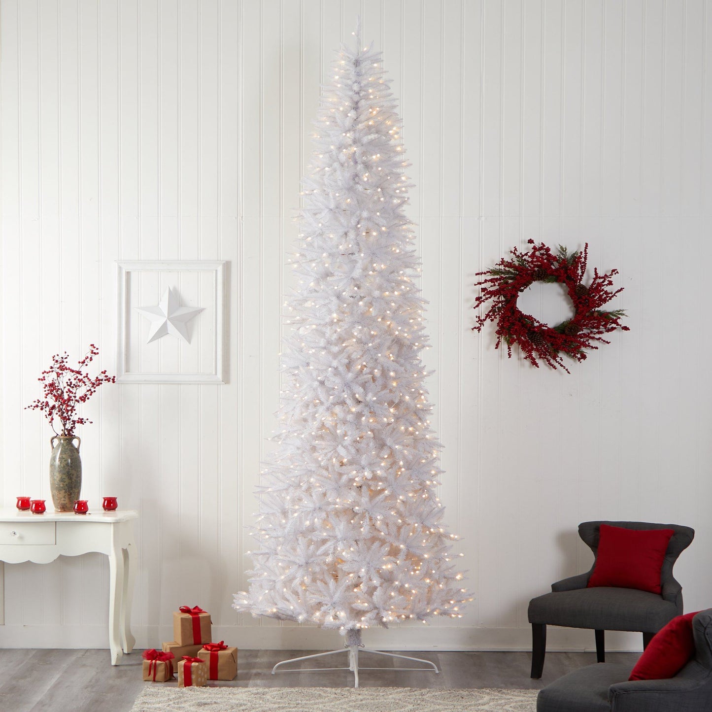 Árbol de Navidad artificial blanco delgado de 12 pies con 1100 luces LED blancas cálidas y 3235 ramas flexibles