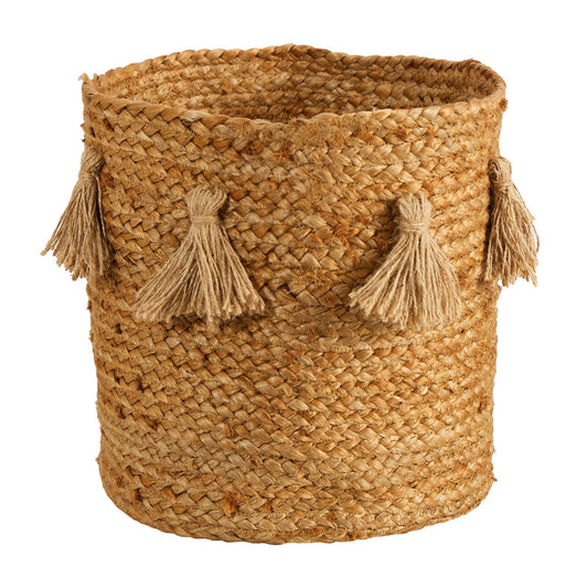 Cesta de yute tejida a mano natural de estilo boho chic de 12,5" con borlas