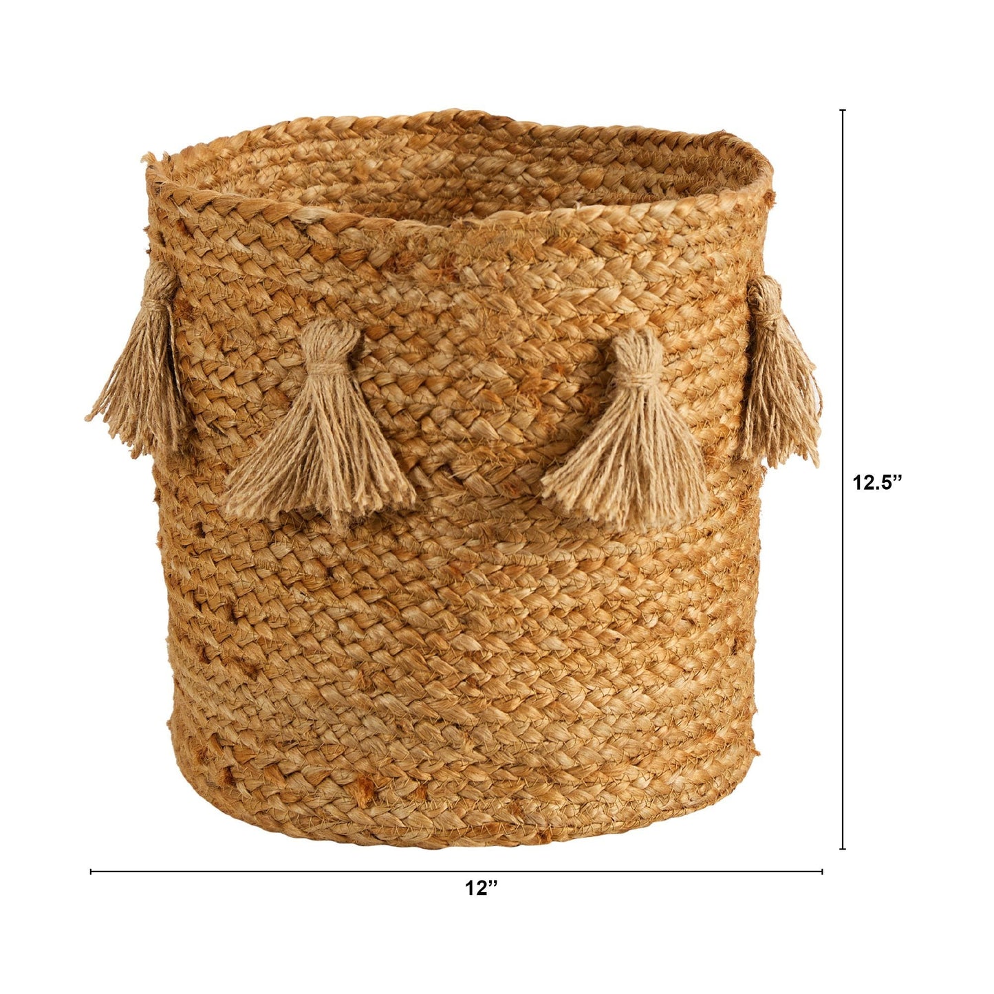 Cesta de yute tejida a mano natural de estilo boho chic de 12,5" con borlas