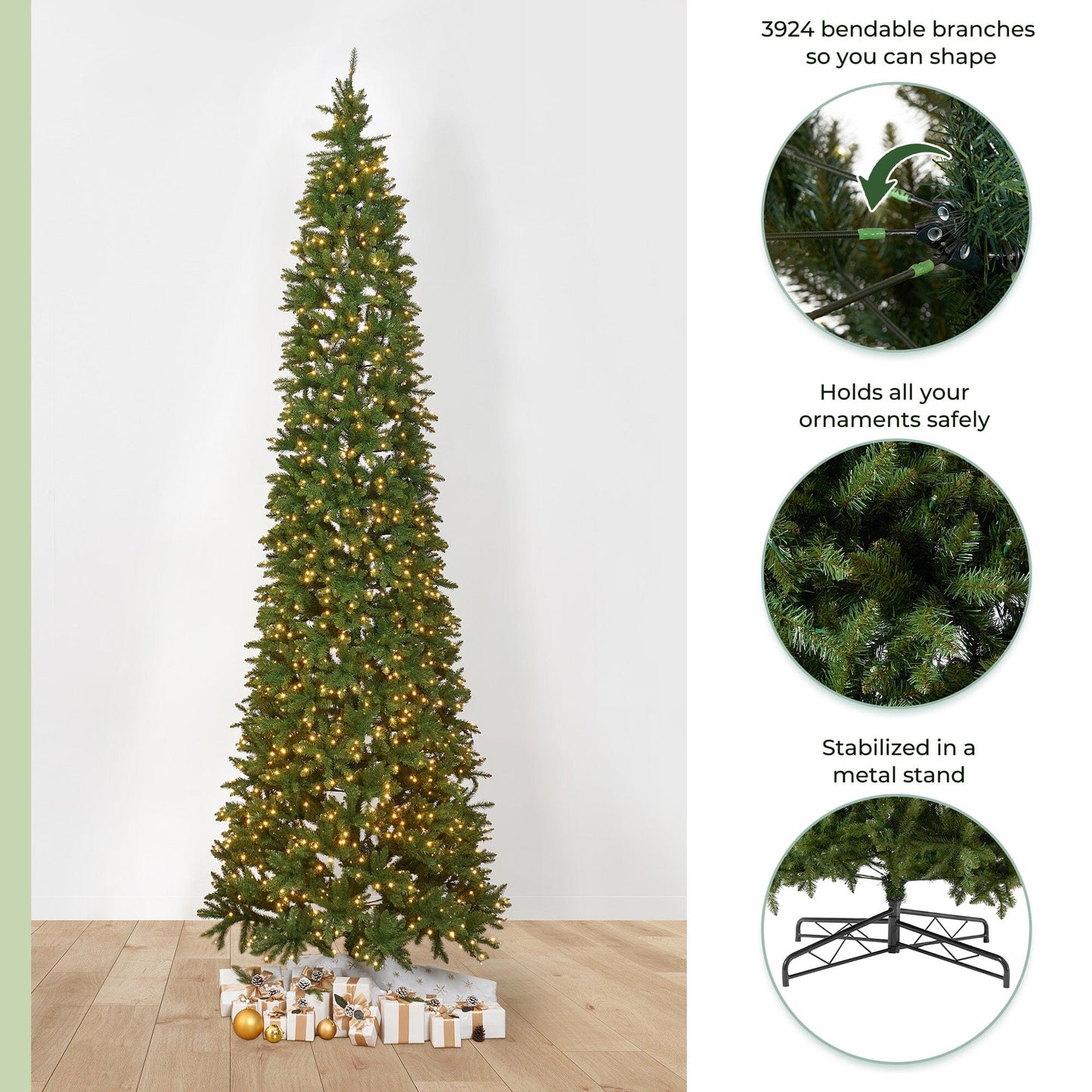 Árbol de Navidad artificial de pino de montaña verde delgado de 13 pies con 1360 luces LED de color blanco cálido y 3924 ramas flexibles