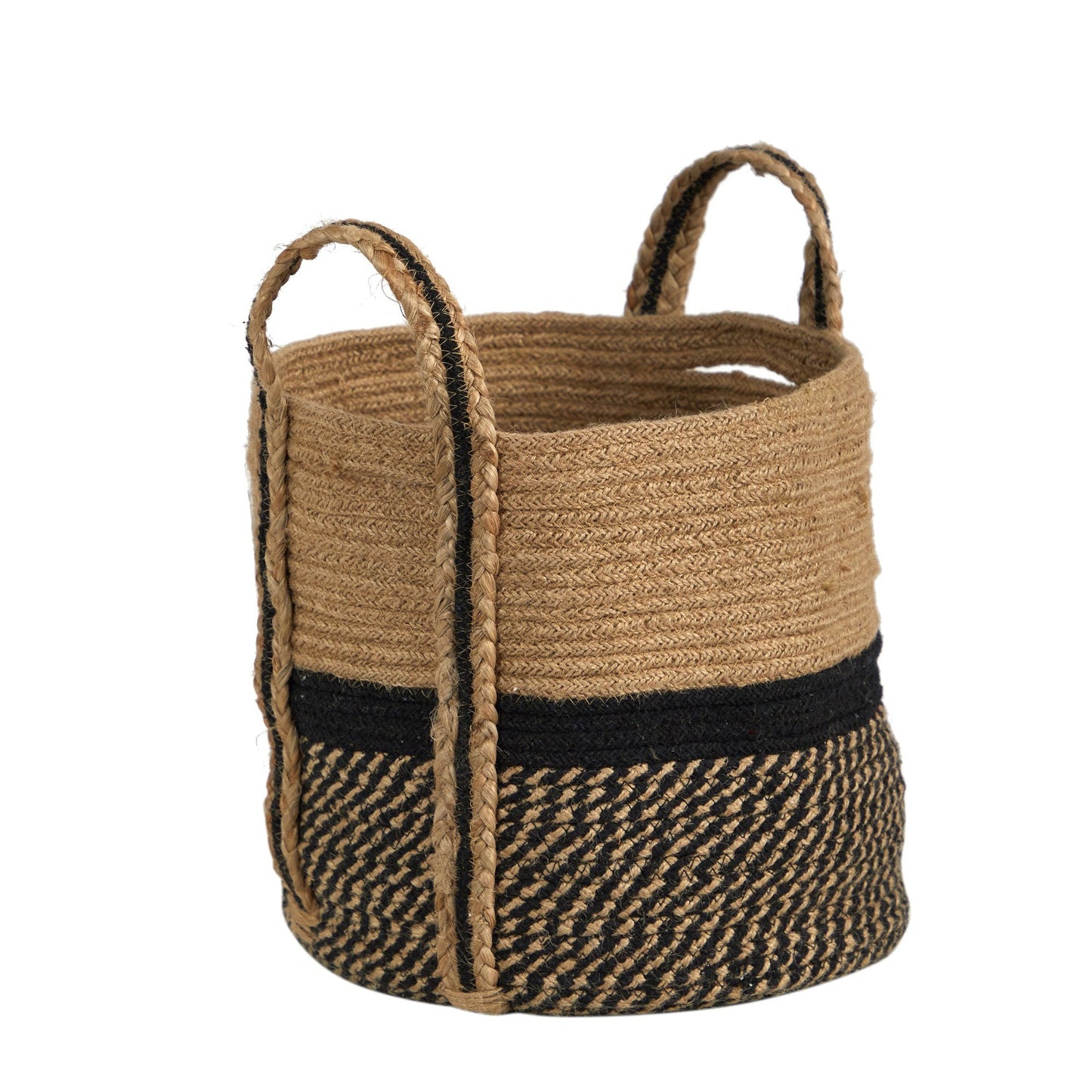 Cesta de yute natural estilo boho chic de 13", parte inferior negra y parte superior natural con asas